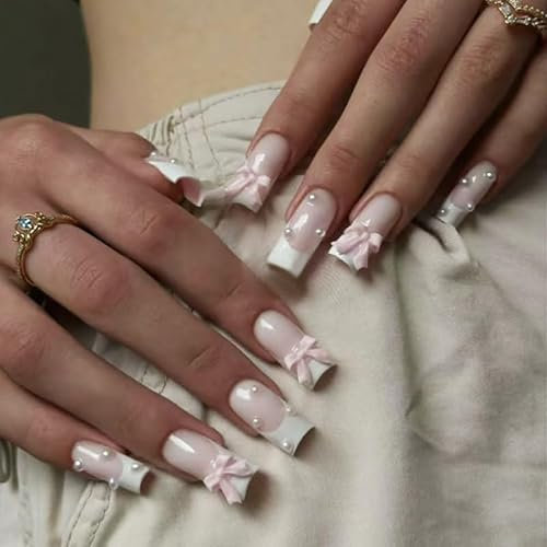 NLFOX Square French Pink Bow & Pearl Glossy False Nails - 24 Pcs (1 Set) with 1g Glue - Full Cover Stick On Nails for Women Girls Nail Art