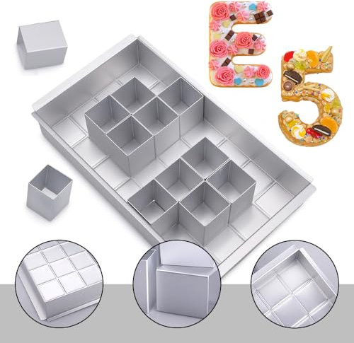 Velicber Backform Zahlen Aluminium Kuchenformen Rechteckig Verstellbar Antihaft Zahlen Kuchenform Groß mit 12 Quadratischen Blöcken für Hochzeit Geburtstag Party Taufe, 31x 18 x 5 cm