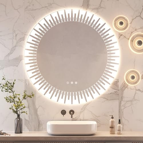 YOLEO Badspiegel rund mit Beleuchtung 80cm, Wandspiegel LED Badezimmerspiegel Antibeschlag großer Schminkspiegel, Berührungstaste Dimmbares 3 Farben LED-Licht 6500K
