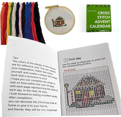 XVHOAB Cross Stitch Adventskalender 2024 24 -Tage -Adventskalender umfasst das Handbuch von 24 Mustern, Nadel, Stoff, Rahmen, Faden und mehr, DIY -freundliche Nähen von Cross -St