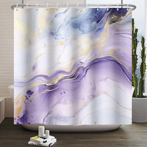 Kzzfqxb Duschvorhänge 183x183cm mit Kunstst offhaken, wasserdicht lila Blaue Marmor Struktur goldene geschwungene Linien Ozeanwellen Kunst Muster für Bad, Polyester gewebe für Badezimmer Badewanne