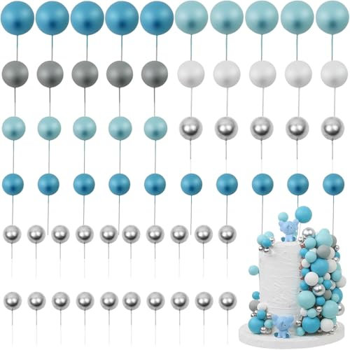 60 Stück Tortendeko-Kugeln (Blau, Silber, Weiß) – Cupcake Deko, Cake Pops, Geburtstagstorte | Wiederverwendbar & Lebensmittelecht