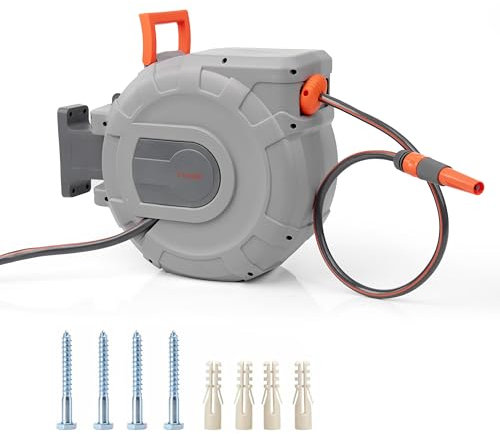 Crystals Hose Reel – Wall Mounted Hose Reels for Garden, Retractable, Auto Lock & Auto Rewind Pipe 180°, Includes Wall Fixings & Ready for Outdoor Use with Nozzle, Accessories, Grey (15m Hose Reel)