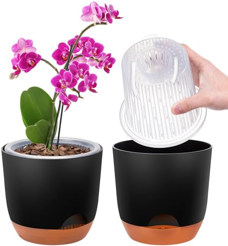 2er-Set Orchideentopf, 14,7 cm Doppelschicht-Design – Transparenter Selbstbewässerungstopf mit Übertopf, Orchideen-Bewässerungssystem, Blumentopf für Orchideen(Schwarz)