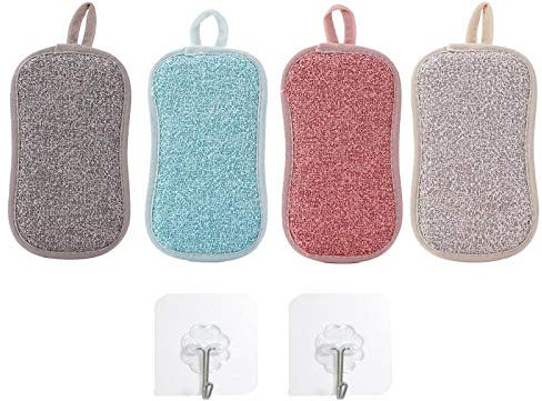 Scheuerschwamm aus Mikrofaser, 4 Stück, wiederverwendbar, waschbar, mit 2 klebrigen Schwammhaken, Reinigungsmitteln Baumwolltücher Küche Schwarz (Multicolor, One Size)