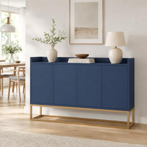 Küchenunterschrank, 120 cm, modernes Sideboard mit 4 Türen, niedriges Sideboard mit verstellbarem Regal und Halterung aus Metall, Möbel für Wohnzimmer, Küche, 120 x 30 x 80 cm (blau)