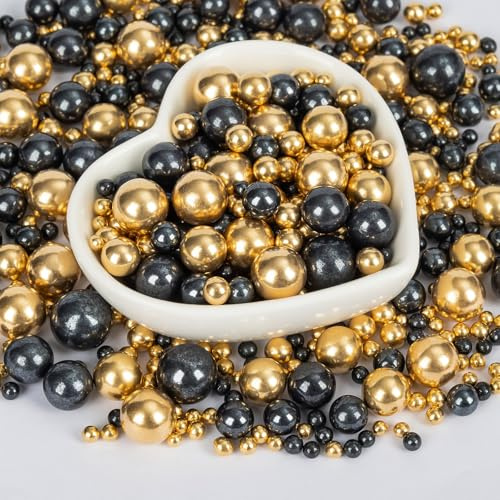 Edible Pearl Sprinkles for Cake Decorating,130g Black and Gold Candy Sprinkle Mixing Size,Baking Pearls Cake Cupcake Toppers,Cookie Donuts Decorations,Wedding Birthday Party Supplies