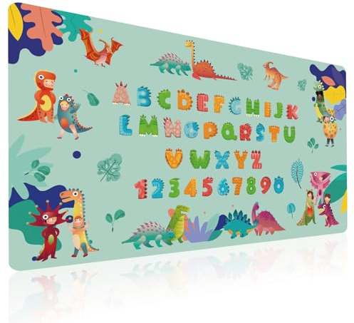 Lernen Schreibtischunterlage für Kinder 70x40cm - ABC Alphabet Mathe Zahlen Lernunterlage Wasserfest und Abwischbar aus Silikonähnliches Leder (Thema Dinosaurier) (F)