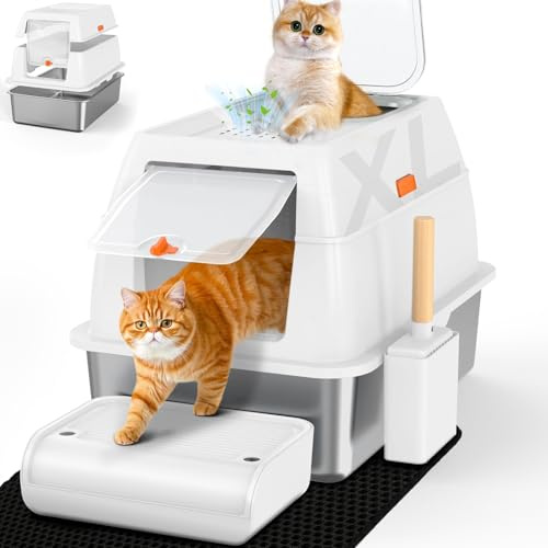 SZEETECH Katzenklo Edelstahl XL, Groß Edelstahl Katzentoilette mit Deckel, Stainless Steel Cat Litter Box, Geschlossen Katzen Klo, Zwei Ausgänge, Schaufel+Matte+Trettstufe- 60x 40x 39,5cm (Weiß)