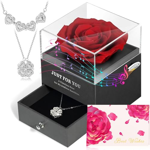 ADDWel Regalo di compleanno donna romantico - rosa eterna scatola musicale con collana trifoglio regalo per mamma mia moglie o fidanzata idea regalo festa della mamma San Valentino Natale donna