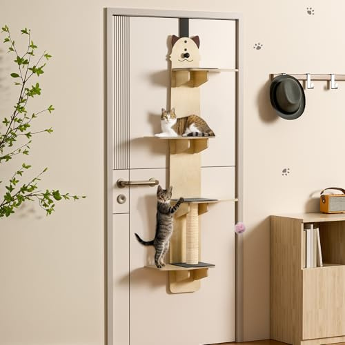 Multi Level Door Hanging Cat Shelf, 4-Level Cat Tree, Wall Mounted Cats Climber for Indoor Cats, Hanging Shelves with Scratching Post, Pads, Tease Cat Ball, 170cm, Wooden