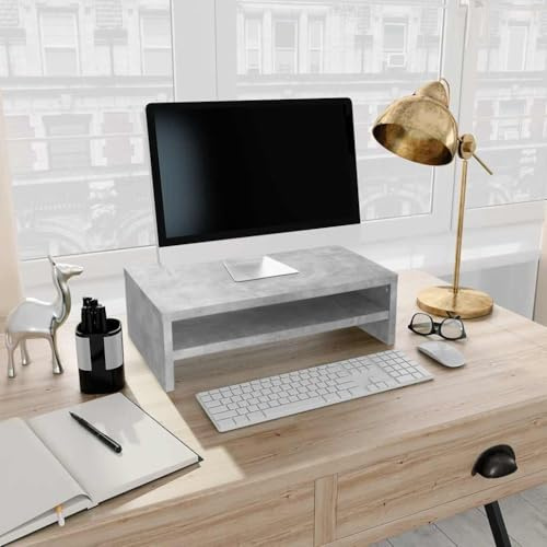 Yunovire Support d'écran gris béton 42 x 24 x 13 cm en bois - Design minimaliste - Pour TV et multimédia - Avec compartiment de rangement pour clavier - Meuble de salon moderne