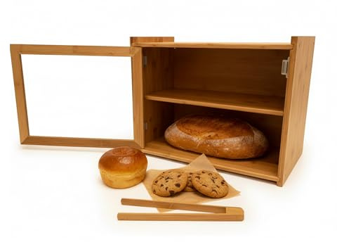 Relaxdays Brotkasten Bambus, 2 Etagen, Brotlade mit Sichtfenster, inkl. Toastzange, HBT: 31x40x17,5 cm, Brotbox, natur
