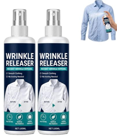 Instant Wrinkle Releaser Spray, Wrinkle Release Spray Travel Size, No Iron, Travel-Ready, Static-Free & Fresh, Fabric Refresher and Deodorizing Mist, For Silk, Wool & Synthetics，2PCS