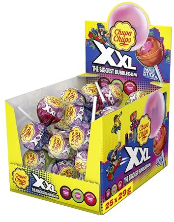 Chupa Chups XXL Big Bubble Kaugummi-Lutscher, Display enthält 25 Lollis mit Erdbeer-Kaugummi Kern in 3 leckeren Sorten Erdbeer, Apfel, Cola, geeignet für Geburtstag, 25 x 29g