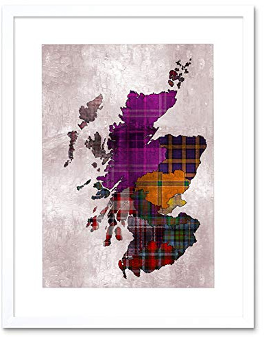 Wee Blue Coo Painting Map Outline Scotland Tartan Inset Regions Framed Wall Art Print