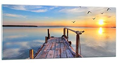 Wandbilder Dekoration Wohnzimmer See Natur Brücke Vögel Panorama Bilder auf Glas 120x50cm Glasbild Schlafzimmer Küche Wand Kunstdruck Art Groß Wanddeko Bild im Glas Modern Wall Decor GAB120x50-2402