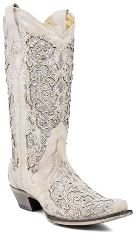 Corral Boots Stivali da Cowboy con Punta a Taglio con Borchie e intarsio Glitterato, Donna, Bianco, 8 UK