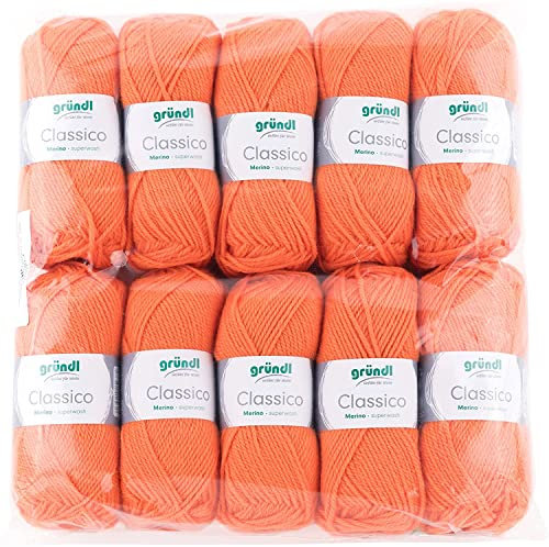 Gründl Wolle Classico - Dicke Wolle zum Stricken und Häkeln - Strickgarn - Weich und hautfreundlich - 50 % Merinowolle, 50 % Polyacryl - 10 Knäuel 50 g / 120 m - Nadelstärke 3,5 - 4,5 - orange