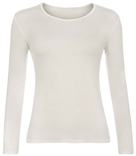 Women Long Sleeve T-Shirt Top Basic Casual Plain Stretch Vest Body Blouse Tee Layering, M/L 12-14, Cream