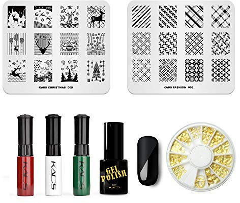 Christmas Nail Art Set Stamping Polish Matte Gel Nail Polish Red Green Plaid Pattern Stamping Plates Reindeer Image Template Alloy rivet Rhinestone Decoration Nail DIY Design Manicure Printing Tool