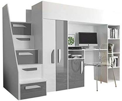 Etagenbett für Kinder Hula 14 Stockbett mit Kleiderschrank, Schreibtisch und Treppe, Farbauswahl, Kinderbett (Weiß/Weiß Hochglanz + Grau Hochglanz, ohne Matratze)