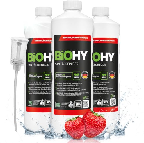 BiOHY Sanitärreiniger (3 x 1 Liter) + Dosierer | Bio Kalklöser Konzentrat für den Sanitärbereich | EXTRA STARKER Badreiniger gegen Urin | befreit Dusche & WC von Kalk & Schmutz