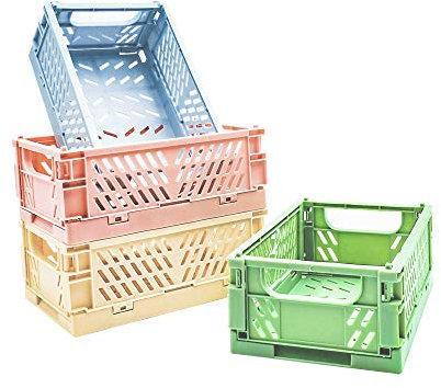 PTSGCAI Mini-Kunststoffkörbe, 4-er Packung, für Regal, Zuhause, Küche, Aufbewahrungsbehälter, Organizer, stapelbar, faltbar, für Klassenzimmer, Schlafzimmer, Badezimmer, Büro (15 x 9,5 x 5,5 cm)...