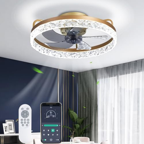 YAETIMIN Ventilador de Techo con Lámpara, 30W Regulable Lámpara de Techo con Control Remoto,3 temperatura de color & 6 Velocidad del viento Ventilador de Techo para Comedor Dormitorio (Ø50cm Dorado)
