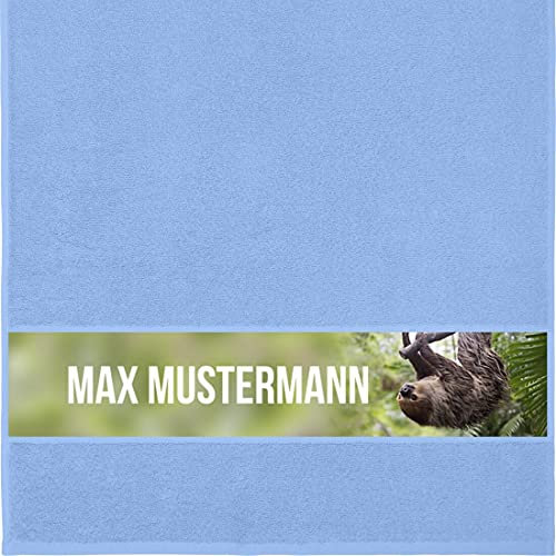 Manutextur Handtuch mit Namen - personalisiert - Motiv Faultier - viele Farben & Motive - Dusch-Handtuch - hellblau - Größe 50x100 cm - persönliches Geschenk mit Wunsch-Motiv und Wunsch-Name
