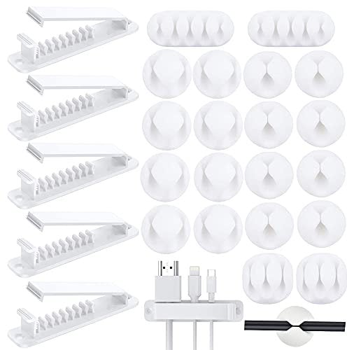 MiuCo 25Stk Kabelclips Kabelhalter, Vielzwecke Kabelführung Kabel Organizer/Kabelbefestigung/Kabelschelle/Kabelklemme/Schreibtisch Kabelmanagement Set für Netzkabel/Ladegeräte/Audiokabel(Weiß)