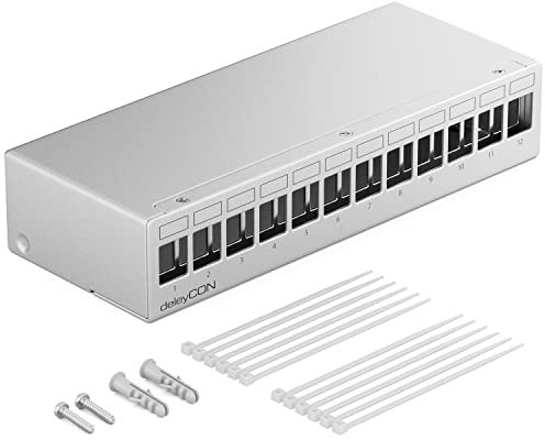 deleyCON 12 Port Patchpanel Gehäuse 1 HE für 14,9 mm x 17 mm Keystone Module mit z.B. RJ45 Koaxialstecker BNC F-Stecker Antennenstecker RJ-11 Cinch Klinke USB Toslink PS2 HDMI - Grau