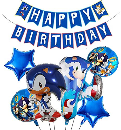 Decoraciones de fiesta de cumpleaños sónico, globos sónicos, suministros de fiesta sónico, pancarta de feliz cumpleaños, 6 globos de aluminio sónico para cumpleaños de niños