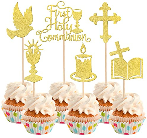 Xsstarmi 36 PCS First Holy Communion Cupcake Toppers Glitter God Bless Dove Cross Cupcake Picks First Communion Cake Decorations for God Christian Baptism Theme Baby Shower Birthday Party Gold