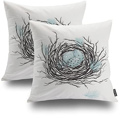 Shrahala Blau Grau Tier Vögel Nest Dekorative Wurfkissenbezug, Weiß Niedliche Rotkehlchen Eier Kissenbezug Mischung Doppelseitig Keine Einsätze für Schlafzimmer Wohnzimmer Set von 2 (55,9 x 55,9 cm)