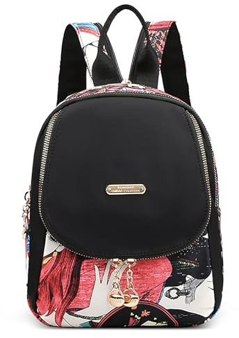 DIRRONA Damen Rucksack Klein – Leichter wasserdichter Nylon-Brusttasche Damen Anti Diebstahl, 3-in-1 Umhängetasche und Rucksack für Alltag, Reisen und Freizeit Illustriertes Mädchen