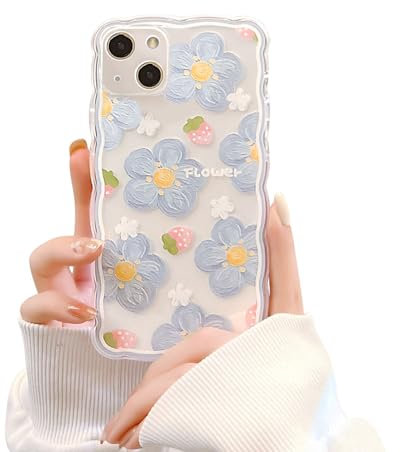 Ownest Kompatibel mit iPhone 13 Mini Hülle, Blume Aesthetic Transparente Hülle mit Silikon Case Süßes Blumen Design Dünne Cover Stoßfest für Frauen Mädchen Handyhülle -Blau