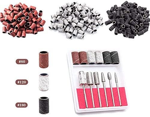 luckaide Schleifhülsen Nagelfräser 300 Stück, Nagelfräser Aufsätze 6 Stück, Schleifkappen Nagelfräser, 80/120/180GRIT Nagelfräser Schleifhülsen,Bits für Nagelfräser für Maniküre Pediküre Nagelpflege
