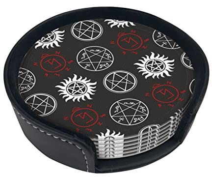 Getränkeuntersetzer Set von 6 Tassen Matte Supernatural Symbole Schwarz Print Leder Untersetzer mit Halter für Glas Kaffeetasse Becher