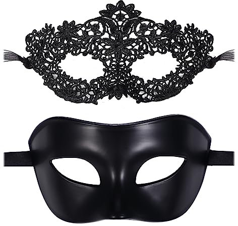 JewelryWe Maskerade Maske Paar Venezianische Maske - 2 Stück Schwarz Blumenmuster Spitze Maske Sexy Augenmaske Gesichtsmaske Halbes Gesicht Kostüm für Halloween Karneval Party Damen Herren