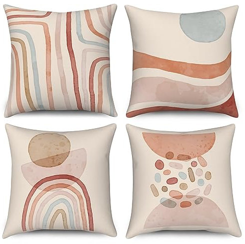 ASDCXZ Boho Kissenbezug 45x45 cm 4er Set, Modern Abstrakt Kunst Boho Sonne Linie Beige Dekokissen Kissenbezüge Kissenhülle Waschbar Polyester Flachs Textil Polster Kopfkissenbezug Kissen Bezug