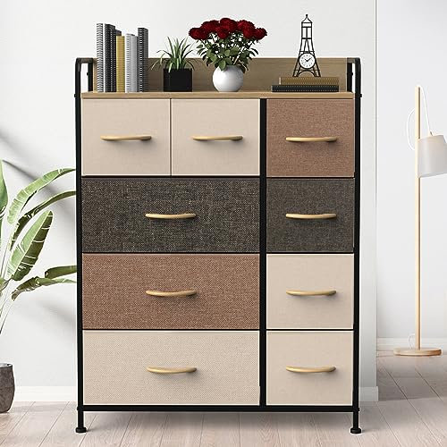 Kommode mit Schubladen, 80x29x106 cm Schrank with 9 Fabric Drawers, Schubladenschrank mit Griffen, Komodenschrank, Wohnzimmerschrank Kommode Schlafzimmer, Flur Komode, Vintage Grau-Rosa-Weißer Mix