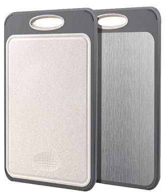 LYZOLICS Tabla de cortar de doble cara de acero inoxidable 304 y tabla de cortar de paja de trigo para cocina, 16 x 11 pulgadas, para frutas, verduras, carne, 1 pieza (negro oscuro)