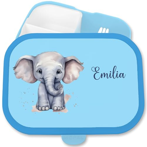 Shirtracer Mepal Brotdose Kinder personalisiert Zootier Elefant Name | Blau, 750 ml, Savanne, Rüssel, Dickhäuter, mit Fächern, Schule, spülmaschinenfest, Vesperbox, Kindergarten, Einschulung
