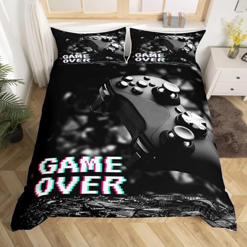 Homewish Ensemble de Literie Jeux 220x240 pour Enfants Garçons Ados, Housse de Couette Gaming Gamer, Parure de Lit Joueur de Manette de Jeu, Chambre de Jeux Vidéo avec 2 Taies d'oreiller, Noir