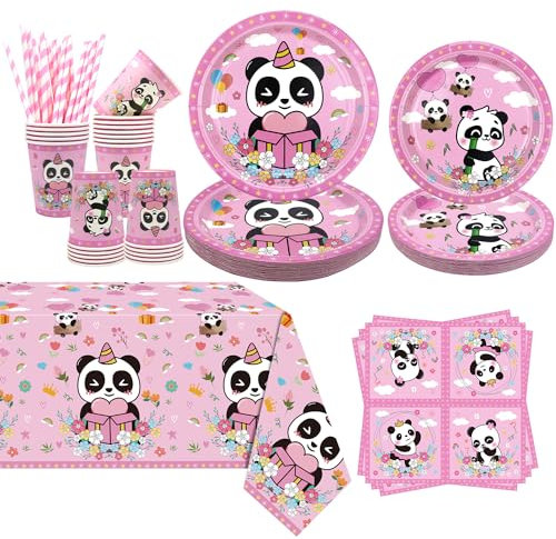 Obussgar Décorations de fête d'anniversaire Panda – Fournitures de fête avec assiettes, gobelets, serviettes, pailles, nappe – Pour 20 personnes