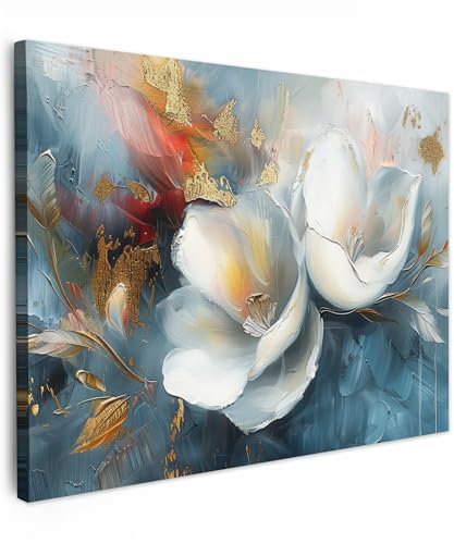 MuchoWow© Bild auf Leinwand 40x30 cm Schlafzimmer Bilder Badezimmer Wand Deko Wohnzimmer Modern Wanddeko Bilderwand Geschenk Blumen - Weiß - Gold - Kunst - Abstrakt