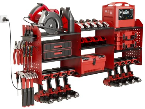 Power Tool Organizer, Wall Mount with Charging Station, 8 Drill Holder, Garage Wall Tool Organizer with 4 Hooks for Dashboard, Power Strip
