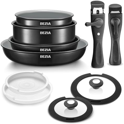 BEZIA Keramik-Pfannenset mit abnehmbaren Griffen, 10 Teiliges Topfset, Antihaft-Kochtopf Set, Gesunde Töpfe und Pfannen Set, Induktion Topfset, Stapelbar Camping Pfanne für Alle Herdarten, Ofenfest