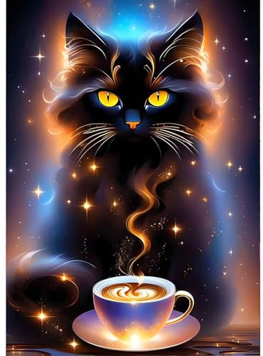 GDYEEH 5D Schwarze Katze Diamant Painting Pictures, DIY Kaffee Diamant Art Painting Kits, Fantasie Diamond Painting Set for Adults Anfänger, Mosaic Making, Diamond Painting for Home Decor 30x40cm
